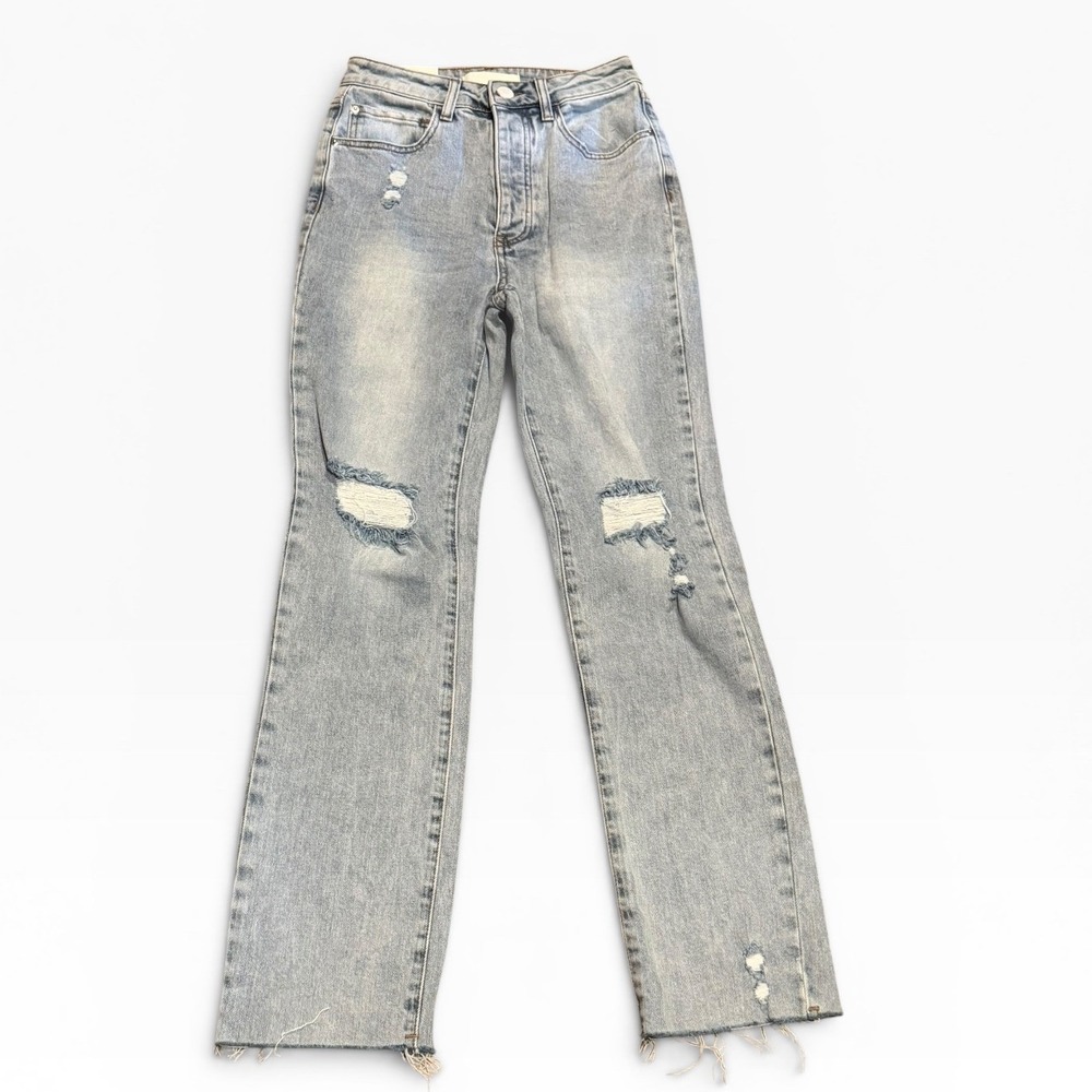 Rachel Parcell Distressed Straight Leg Jeans Light Wash High Rise Fray Hem SZ 25